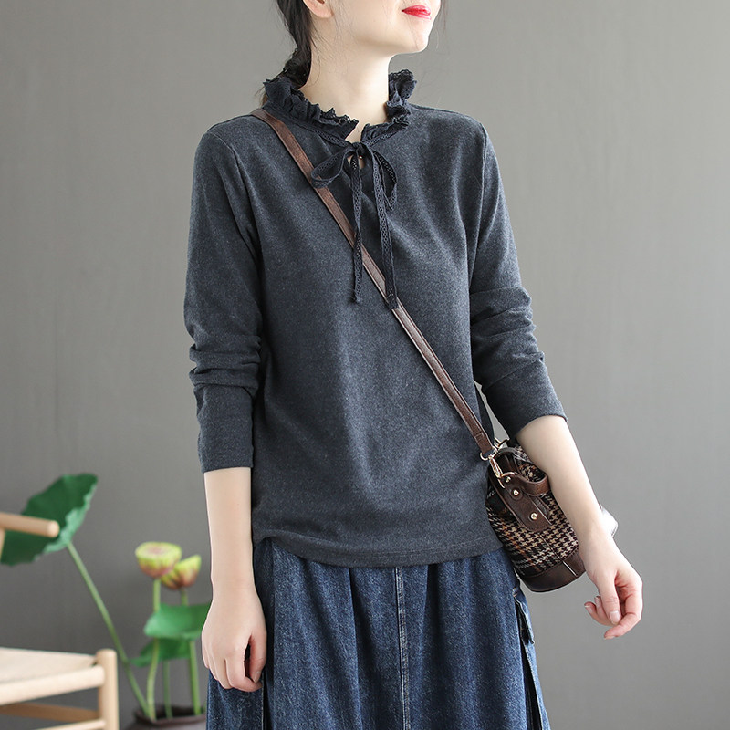 代勒原创文艺花朵领蕾丝拼接打底衫 代勒 格调 棉麻文艺小院T恤