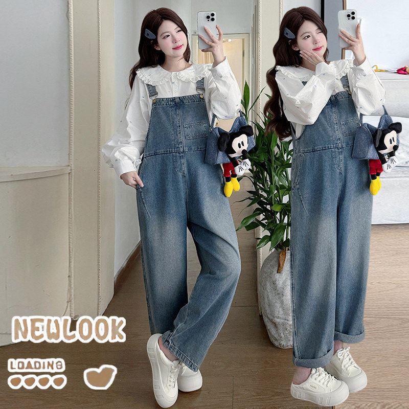 孕妇装套装2026新款春季孕期穿搭娃娃领衬衣牛仔工装背带裤两件套,淘宝优惠券,粉丝福利购,淘宝优惠卷