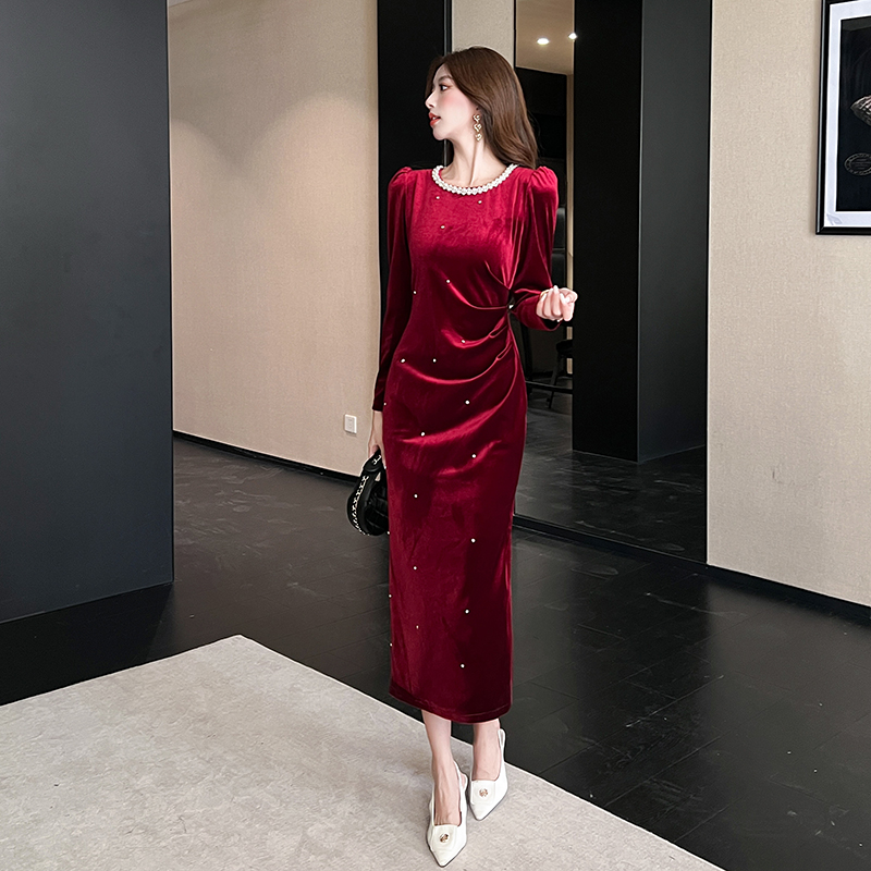 秋季新款金丝绒连衣裙礼服高端轻奢高级感钉珠圆领长袖包臀长裙 - 图0