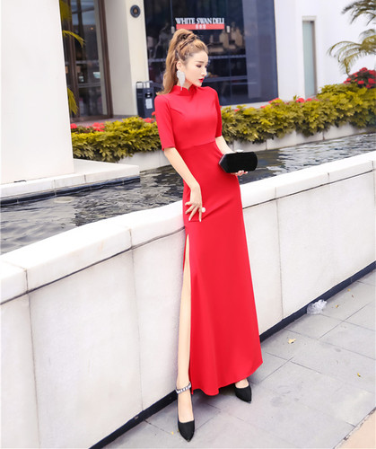 晚礼服女宴会气质复古旗袍高端走秀鱼尾裙长款修身包臀红色连衣裙 - 图1