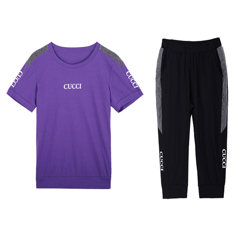 妈妈夏装纯棉中年女装短袖休闲长裤 紫灵猫中老年女装