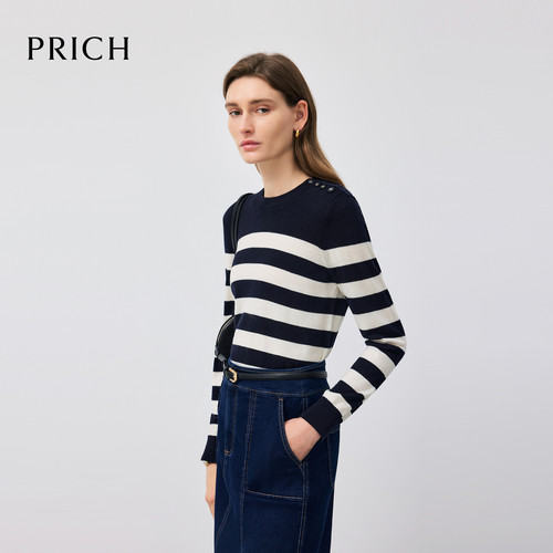 【100%绵羊毛】PRICH时尚黑白条纹针织衫冬季休闲毛衣女 - 图0