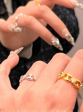 猪鼻子镶钻叠戴拼接戒指金属风