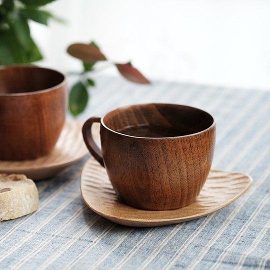Japanese style wooden cup with handle anti-scalding retro