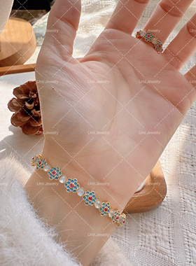 UMI家·轻珠宝/S925银镀k金国风新中式珐琅彩花卉手镯戒指青花瓷