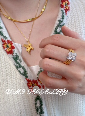 UMI【邂逅】S925银镀k金三环交织镶钻麻花小众设计高级轻奢女戒