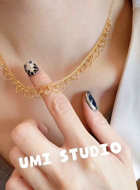 UMI家·轻珠宝/S925银镀k金·爆闪金珠蕾丝镂空项链choker高级感