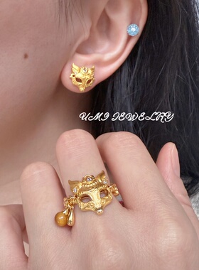 UMI【浅浅】S925银镀k金意大利拉丝面具灵狐镶钻小众高级轻奢戒指