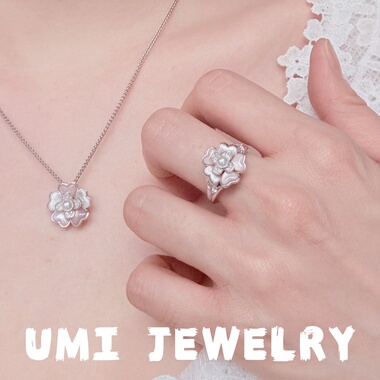 UMI家【粉黛】/S925银镀k金·天然粉母贝立体花拉丝珍珠戒指小众