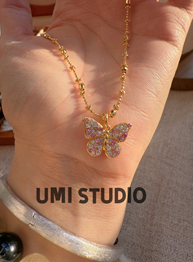 UMI家·轻珠宝/S925银镀k金双面蝴蝶镶钻拉丝仙女链项链国风高级