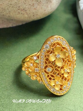 UMI【赫本】S925银镀k金意大利拉丝立体花朵小众设计高级轻奢女戒