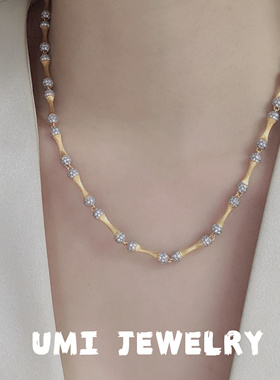 UMI家·轻珠宝/S925银镀k金·手工拉丝竹节镶钻项链小众设计复古