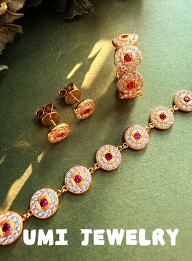 UMI【上喜】S925银镀k金红宝金钱币招财戒指手链新年礼物轻奢高级