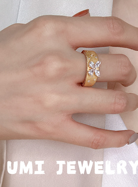 UMI家·轻珠宝/S925银镀k金·拉丝镶钻蝴蝶戒指重工中古精致轻奢