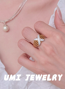 UMI家·轻珠宝/S925银镀k金复古老钱风交叉镶钻戒指小众设计轻奢