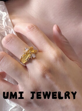 UMI家【双生花】S925银镀k金·意大利拉丝水滴戒指设计师款高级女