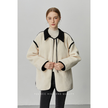 YUUSCC winter 2023 new turn-collar collage lamb wool female suede retro loose 100 lap jacket blouse