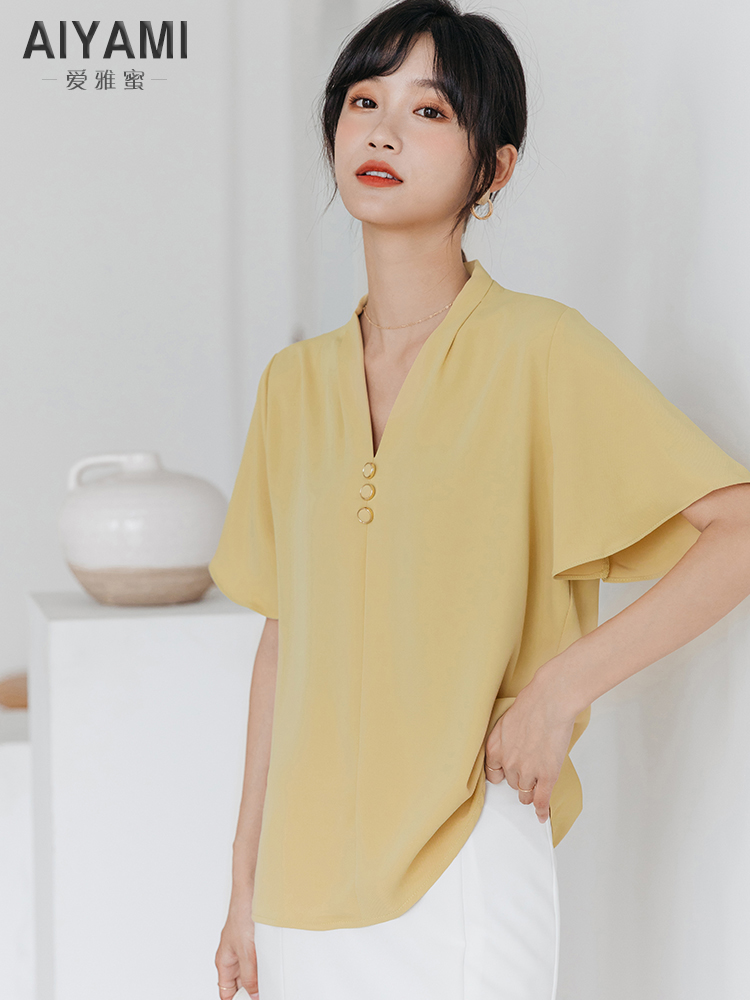 爱雅蜜旗舰店职业装衬衫女短袖工作服V领白色雪纺上衣女神范宽松气质垂感衬衣0