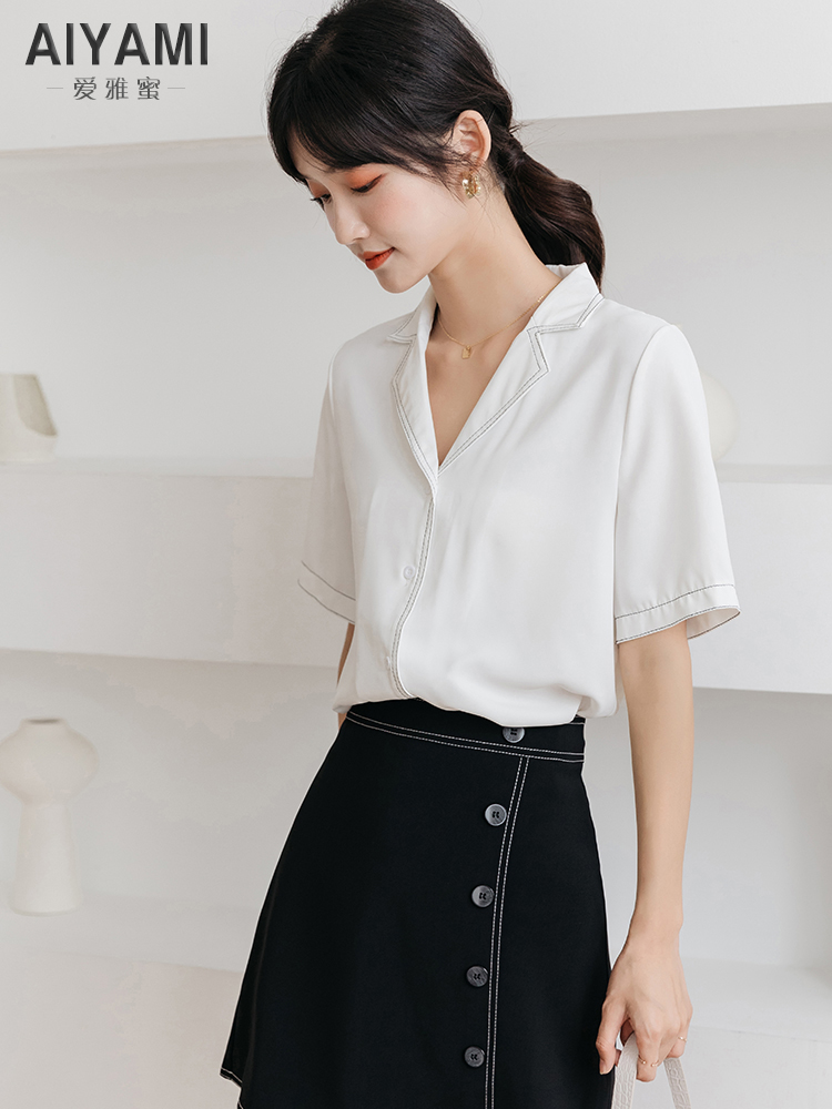爱雅蜜旗舰店夏秋新款韩范黑色雪纺衬衫女短袖宽松百搭设计感长袖气质上衣0