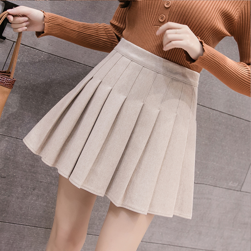 爱雅蜜旗舰店春季裙子半身裙新款毛呢高腰短裙百褶裙学院黑色大码a字裤裙1