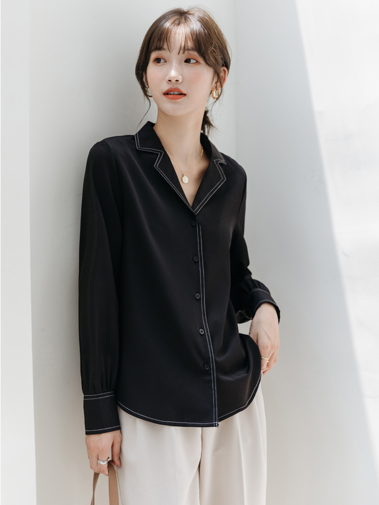 爱雅蜜旗舰店夏秋新款韩范黑色雪纺衬衫女短袖宽松百搭设计感长袖气质上衣1