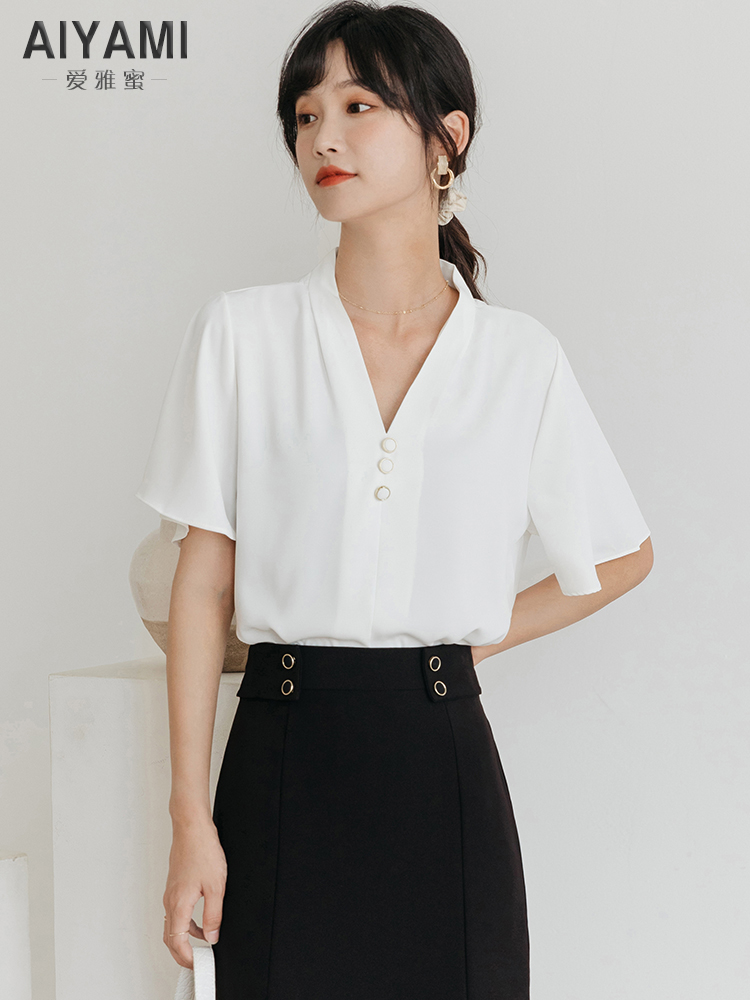 爱雅蜜旗舰店职业装衬衫女短袖工作服V领白色雪纺上衣女神范宽松气质垂感衬衣1