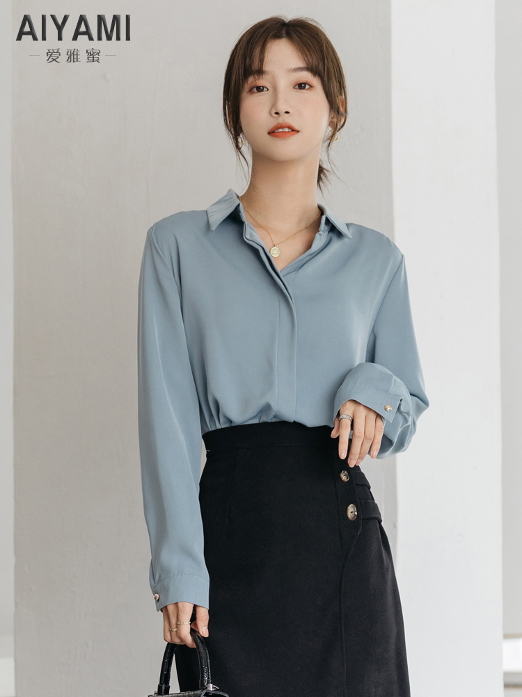 爱雅蜜旗舰店职业正装白色长袖衬衫女设计感小众气质翻领盐系衬衣法式通勤上衣0