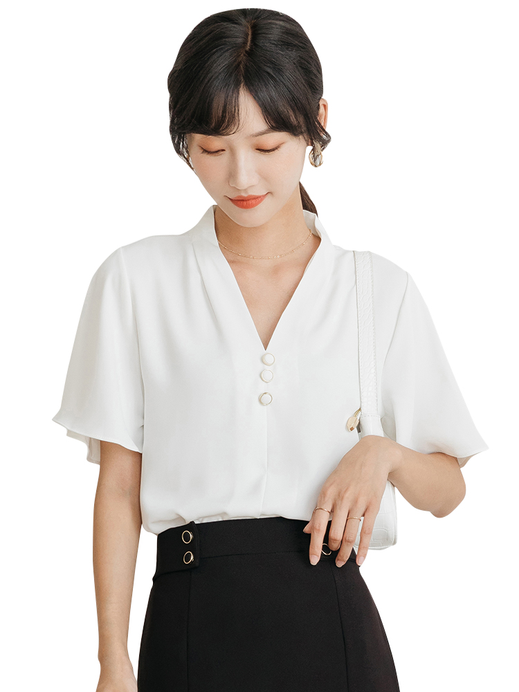 爱雅蜜旗舰店职业装衬衫女短袖工作服V领白色雪纺上衣女神范宽松气质垂感衬衣3