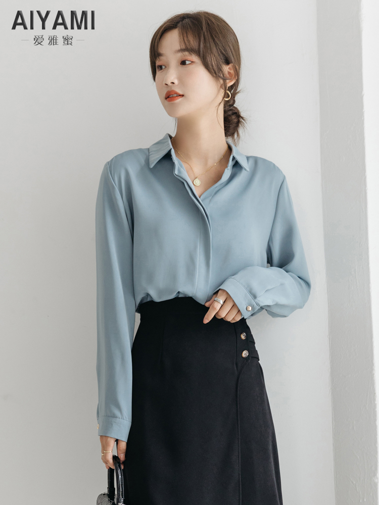 爱雅蜜旗舰店职业正装白色长袖衬衫女设计感小众气质翻领盐系衬衣法式通勤上衣2