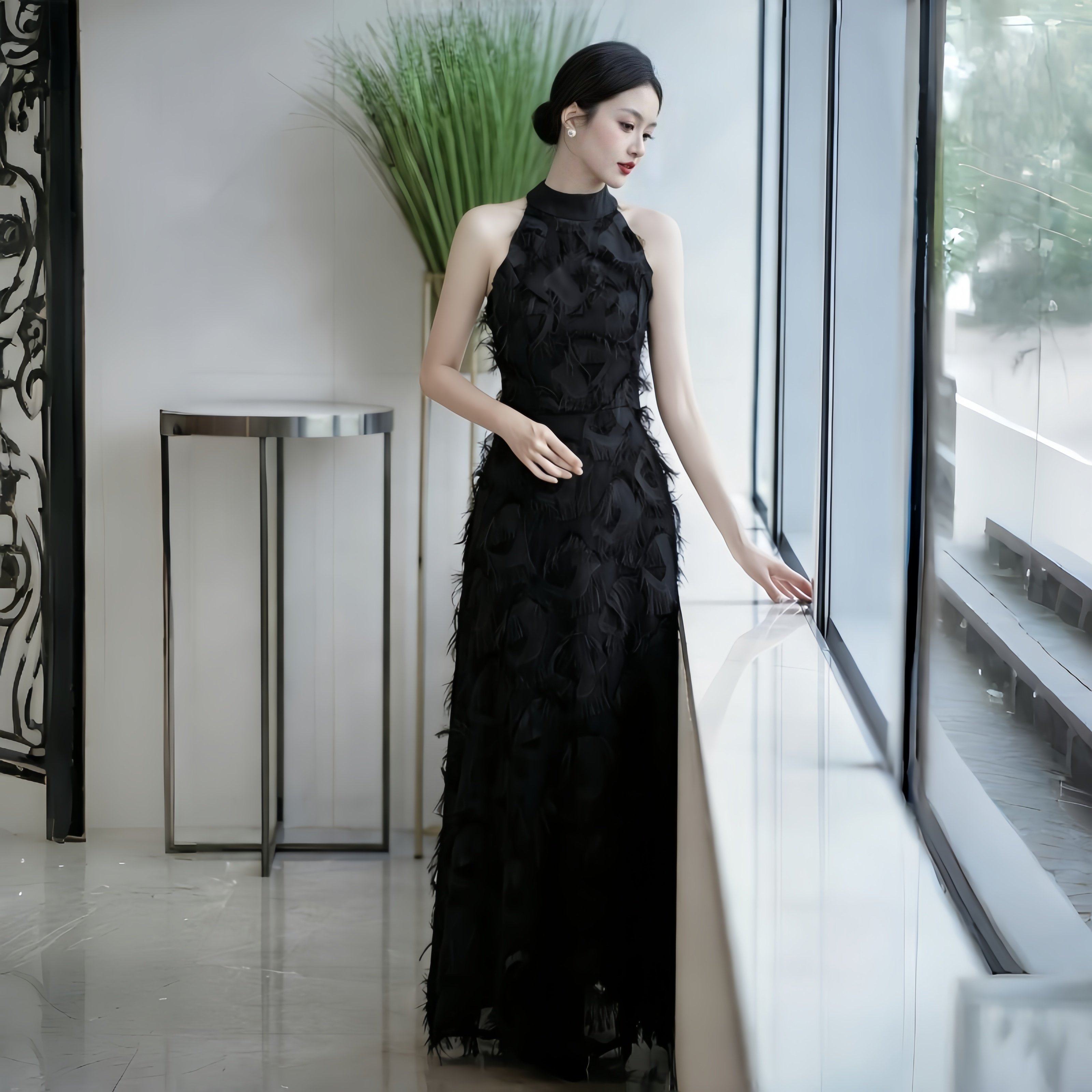 新娘晨袍敬酒服羽毛拼接宴会气质挂脖晚礼服订婚连衣裙轻婚纱长裙,淘宝优惠券,粉丝福利购,淘宝优惠卷