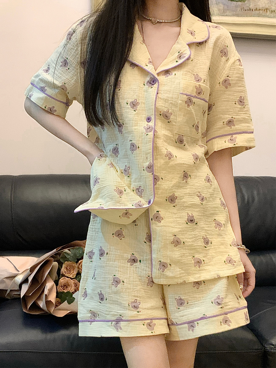 睡衣夏季女款短袖短裤韩版甜美可爱紫色小兔子学生夏天家居服套装-图1