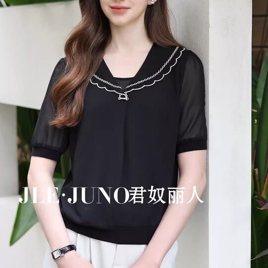 Junuli 2025 new summer style elegant navy collar embroidered chiffon shirt mother's top 12512