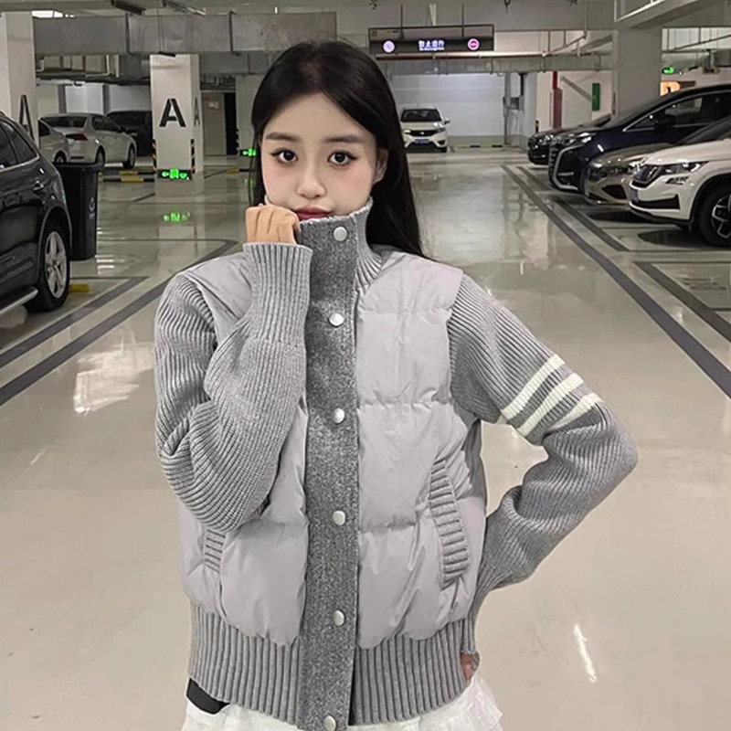 拼接针织袖短款羽绒棉服小个子穿搭立领棉衣冬季加厚假两件外套女,淘宝优惠券,粉丝福利购,淘宝优惠卷