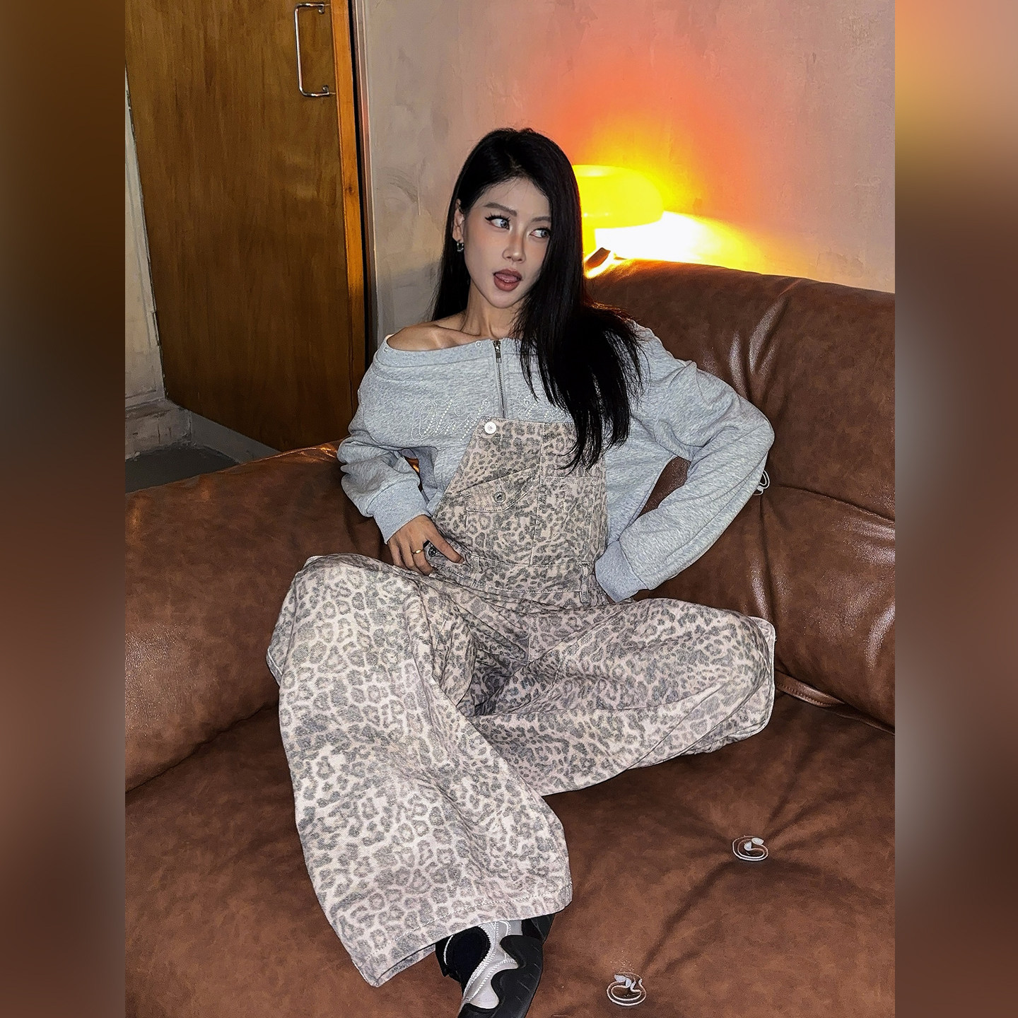 DoubleD美式街头水洗做旧豹纹牛仔背带裤多口袋工装阔腿裤长裤潮,淘宝优惠券,粉丝福利购,淘宝优惠卷