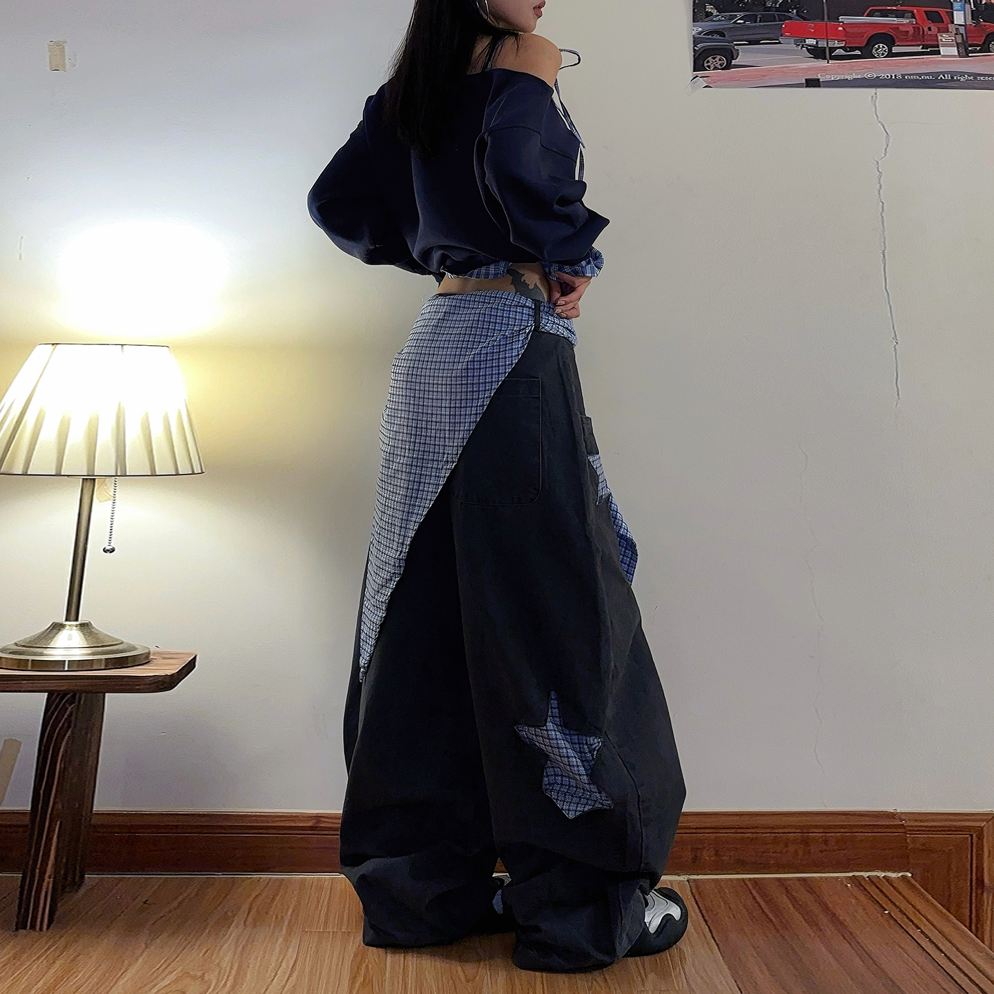 DoubleD美式复古屁帘叠穿格子星星拼接弯刀裤男女爵士舞阔腿长裤 - 图1