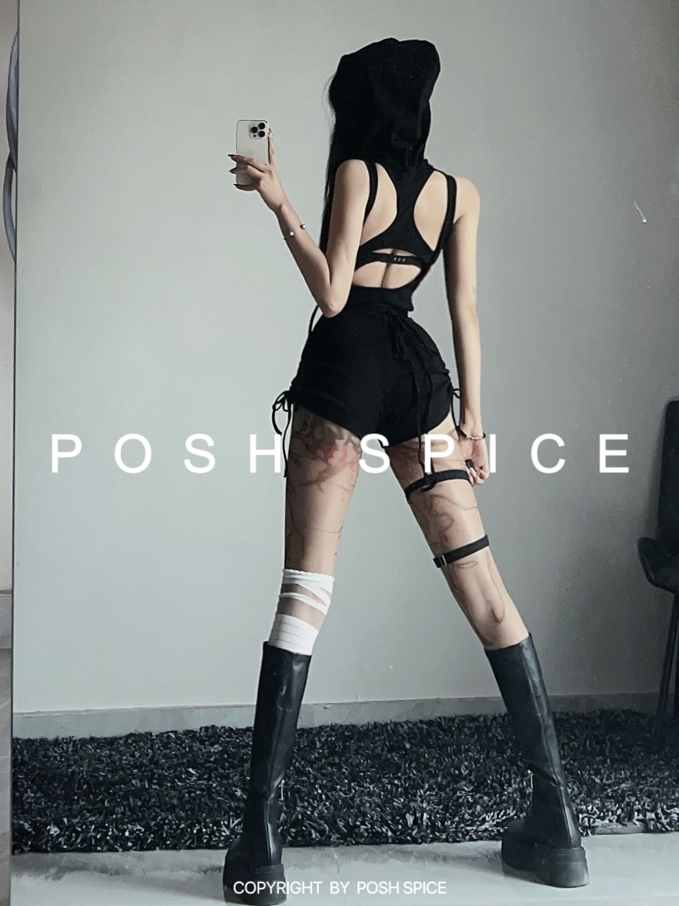 POSH SPICE原创废土风设计连体带帽无袖深V欧美式辣妹弹力裤子女-图3