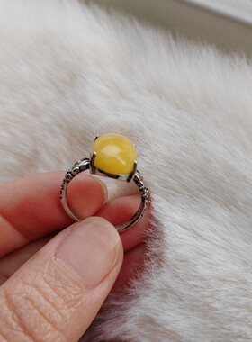 纯银镶嵌戒指调节圈口款蜜蜡珠宝指环