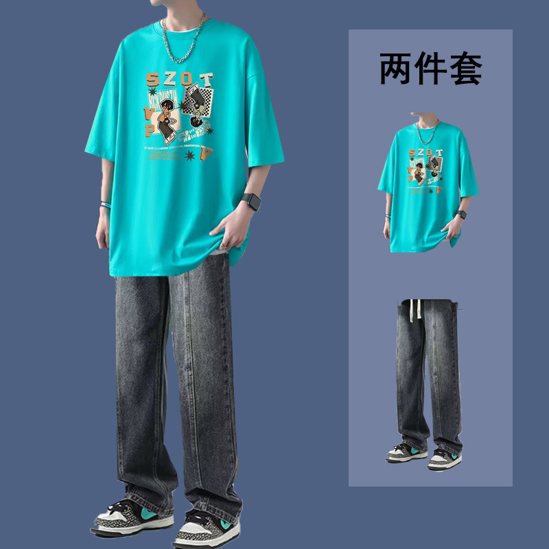 潮牌短袖男士T恤搭配宽松直筒牛仔长裤松紧腰一整套小红书推荐帅,淘宝优惠券,粉丝福利购,淘宝优惠卷