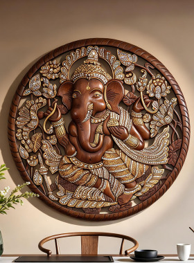 雕花板孔雀图案圆形木雕装饰画
