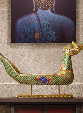 泰国木雕工艺品桌面实木龙舟摆件