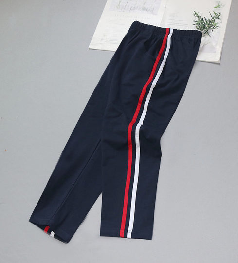 中小学生纯棉藏蓝色一二红白黄条运动休闲宽松夏秋冬加绒加厚校裤