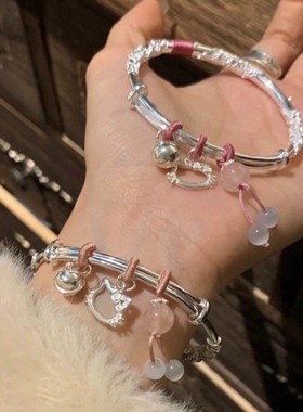 繁花似锦Kitty猫银手镯纯银9999实心足银镯子送女友闺蜜生日礼物