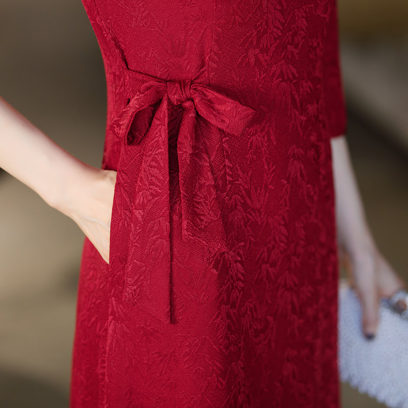 秋季新款喜婆婆婚宴装复古妈妈装旗袍收腰过膝气质显瘦长款连衣裙