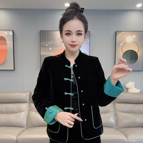 2025春秋新款时尚休闲百搭金丝绒复古盘扣唐装上衣女气质显瘦外套 - 图1