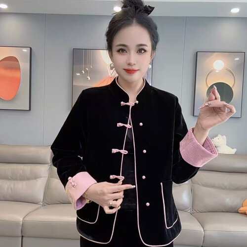 2025春秋新款时尚休闲百搭金丝绒复古盘扣唐装上衣女气质显瘦外套 - 图2
