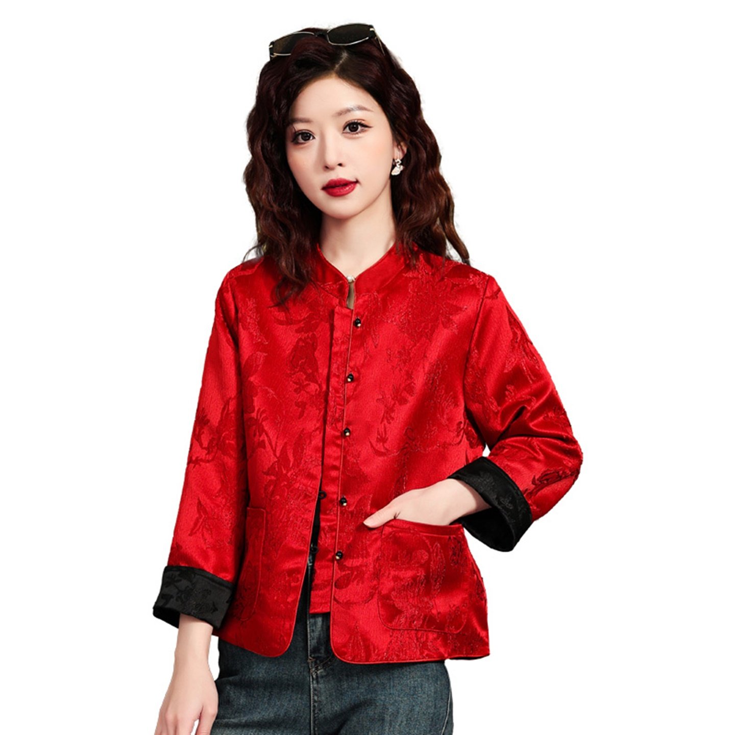 新中式双面穿改良唐装短外套女春季新款国风红色复古立领提花上衣,淘宝优惠券,粉丝福利购,淘宝优惠卷