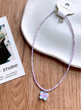 韩版彩色小米珠童趣卡通项链可爱儿童蝴蝶爱心锁骨链甜美少女颈链