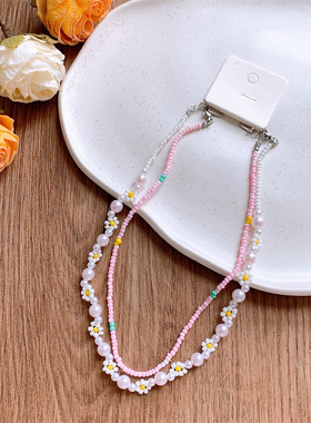 甜美女孩花朵爱心项链儿童装饰配饰双层串珠链子少女小众颈锁骨链