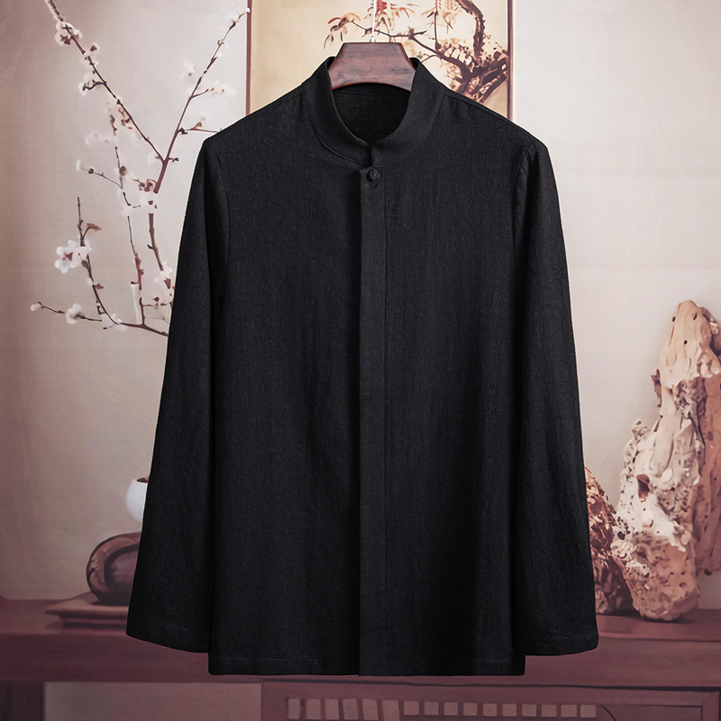 由天丨中国风棉麻男装长袖衬衫中式唐装立领男士亚麻衬衣春秋季 - 图2
