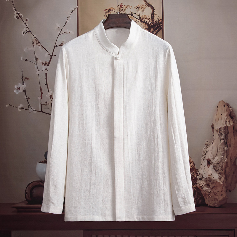由天丨中国风棉麻男装长袖衬衫中式唐装立领男士亚麻衬衣春秋季 - 图0